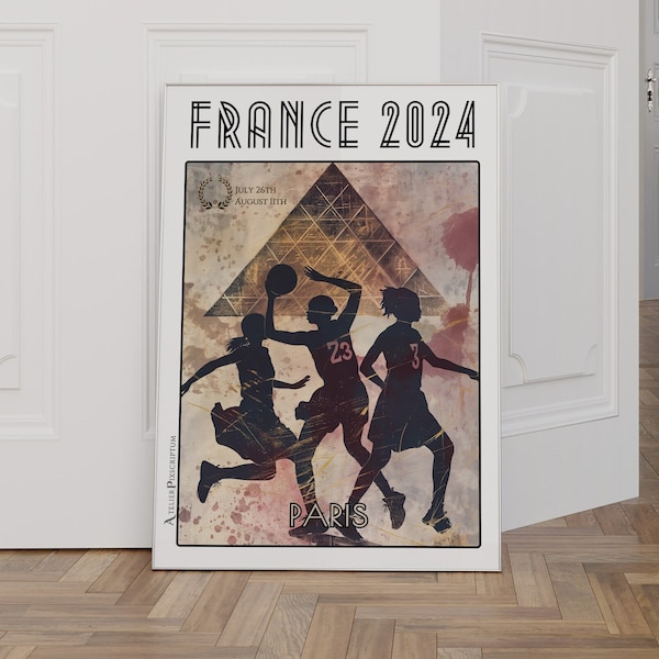 Affiche Basket Ball Féminin Paris France 2024 - Poster de Compétition Sportive Illustrant l'Esprit des Jeux, devant le Musée du Louvre