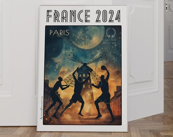 Basketbalposter Frankrijk 2024 - Epische basketbalwedstrijd voor de Moulin Rouge - Zomersportevenement in Parijs