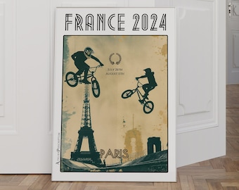 BMX Frankrijk 2024 Poster - Adembenemende freestyle aan de voet van de Eiffeltoren - Urban Cycling Competition - Parijse zomerkunstposter