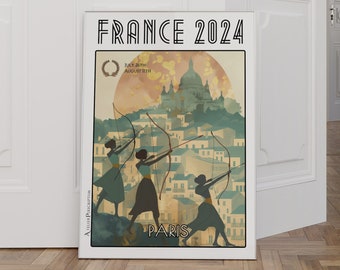 Poster voor het damesboogschieten in Parijs, Frankrijk 2024 - Een poster van een sportwedstrijd die de geest van de Spelen uitstraalt, onder de Sacré-Cœur-basiliek.