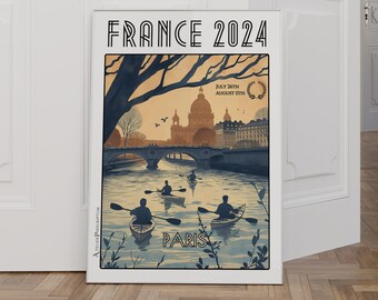 Kanu-Kajak Frankreich 2024 Poster – Paddler auf der Seine in Paris – Wassersport-Kunstposter