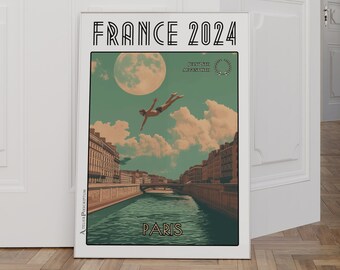 Paris Diving 2024 Poster – Athleten im Freisprung – Kunst inspiriert vom Pariser Sommer – Schwimmen in der Seine