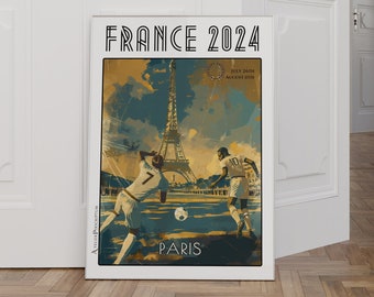 Paris Football Poster - Athletes in Action by the Eiffel Tower - Illustrating the Spirit of the Game in France - Summer 2024 Souvenir