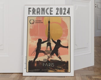 Poster Schermen Frankrijk 2024 - Finale duel voor de Eiffeltoren - Intense competitie in Parijs - Souvenirposter - De geest van de Spelen