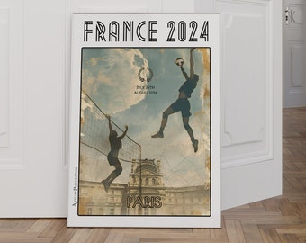 Volleybalposter Frankrijk - Wedstrijd in het hart van Parijs - Dynamiek en competitie onder de Parijse hemel - Een sportieve herinnering aan de zomer van 2024