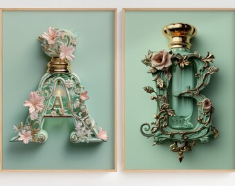 Personalisiertes Alphabet-Buchstabenposter – Wähle deinen Buchstaben – Parfümflaschen-Typografie – Elegante und luxuriöse Wanddekoration Grün