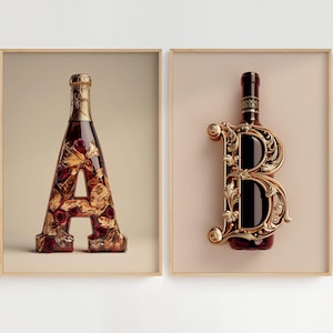 Póster inicial personalizado: elige la letra del alfabeto: tipografía de botella de vino: decoración de pared elegante y chic