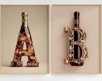 Gepersonaliseerde poster met initialen – Kies je letter van het alfabet – Typografie met wijnflesmotief – Chique en elegante wanddecoratie
