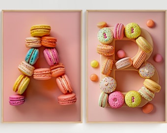 Gepersonaliseerde poster met initialen – Kies je letter van het alfabet – Macaron-typografie – Gourmet & elegante wanddecoratie met gebak