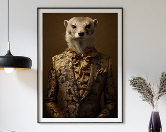 Mangoest in gouden outfit: grappige digitale kunstposter, stijlvolle dierenwanddecoratie, modieuze fotoprint, surrealistisch portret