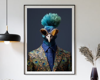 Portret van een blauwe pauw - Chique dierenposter, bril en jasje, digitale kunstfotoprint, hedendaags schilderij, modieuze wanddecoratie