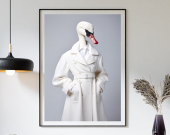 Elegante poster met witte zwaan - artistieke poster, modefoto, verfijnde wanddecoratie in haute couture-stijl, AI digitale kunstfoto