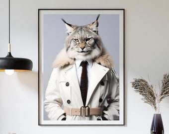 Portret van een lynx in een witte trenchcoat - Haute Couture stijl wanddecoratie, digitale fotoprint, eigentijdse design modeprint