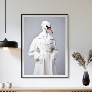 Elegante poster del cigno bianco - Poster artistico, foto di moda, raffinata decorazione da parete in stile Haute Couture, foto d'arte digitale AI