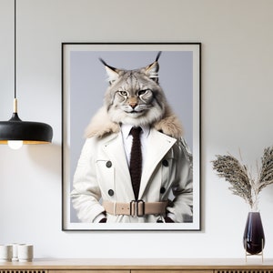 Lynx in White Trench Poster - Digital Print, Fashion Haute Couture Style, Wall Art Decor, Glamour Chic Poster, Unique Animal Portrait