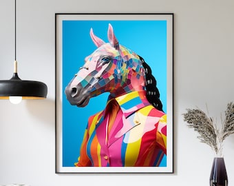 Poster geometrico con cavallo - Poster colorato, stampa fotografica digitale, patchwork rosa giallo blu, decorazione murale pop art