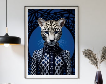 Elegant Leopard Portrait in Blue Suit - Photo Print, Artistic Canvas, Living Room Poster on Blue Background, Feline Wall Art, Animal Decor