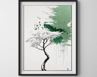 Poster in Japanse stijl - Minimalistische botanische wanddecoratie - Boom met witte bladeren - Wanddecoratie voor de woonkamer - pixscriptum #204