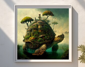 May include: A painting of a large, green turtle with a house built on its back. The house is covered in trees and plants, and there are small figures walking around on the roof. The turtle is standing in a body of water, and the sky is cloudy.