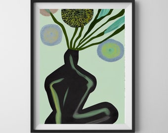 Minimalistische illustratie van vrouwelijke buste en vaas met abstracte groene bloemen - Modern wanddecor voor slaapkamer of woonkamer - #1655