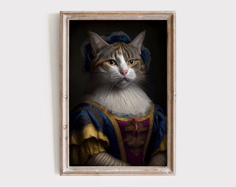Vintage kattenportret, renaissance dierenschilderij, bewerkte kunstprint, kattenwanddecoratie