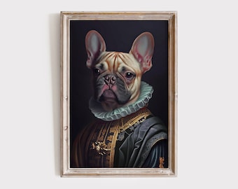Portret van een Franse bulldog, renaissance dierenschilderij, bewerkte kunstprint, wanddecoratie met hond.