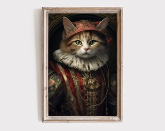 Portret van een schattige kat, renaissance dierenschilderij, bewerkte kunstprint, kattenwanddecoratie
