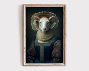 Vintage schapenportret, renaissance dierenschilderij, bewerkte kunstprint, dierenkop met menselijk lichaam