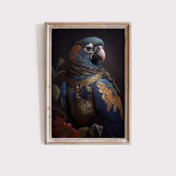 Colorful Parrot Portrait, Renaissance Bird Painting, Altered Art Print, Exotic Wall Decor