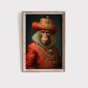 Mischievous Monkey Portrait, Renaissance Animal Painting, Altered Art Print, Tropical Wall Decor