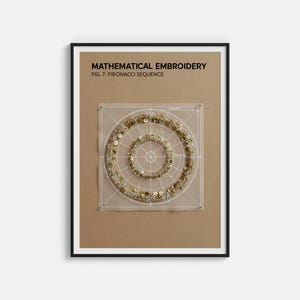 Könnte beinhalten: Gerahmtes Kunstwerk mit dem Text "MATHEMATICAL EMBROIDERY" und "FIG. 7: FIBONACCI SEQUENCE". Es zeigt eine transparente, quadratische Überlagerung mit konzentrischen Kreisen aus goldenen und klaren Perlen. Der Hintergrund ist hellbraun.