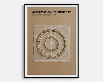 Poster di ricamo matematico - Stampa con motivo di ricamo della sequenza di Fibonacci - Decorazione murale alla moda con sezione aurea. La scienza incontra l'arte