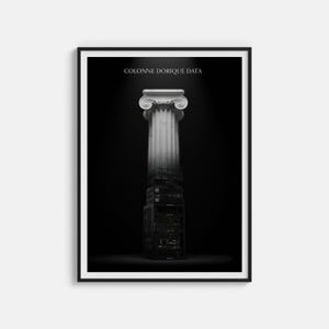 Peut inclure: Impression encadrée en noir et blanc représentant une colonne dorique. La colonne est composée d'une base de baie de serveurs et d'un chapiteau classique. Le texte "COLONNE DORIQUE DATA" est en haut de l'impression.