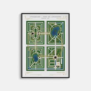 Peut inclure: Impression encadrée représentant une carte détaillée du Parc de l'Orangerie à Strasbourg, France. L'œuvre présente un plan de jardin vert et blanc avec des plans d'eau bleus, mis en valeur par des lignes et du texte dorés. L'impression est dans un cadre noir.