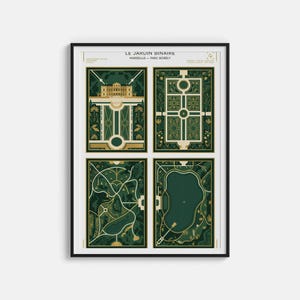 Puede incluir: Una impresión artística enmarcada con cuatro ilustraciones detalladas de un diseño de jardín. La obra de arte utiliza una paleta de verde oscuro, dorado y crema, con el texto "LE JARDIN BINAIRE MARSEILLE - PARC BORELY" en la parte superior.