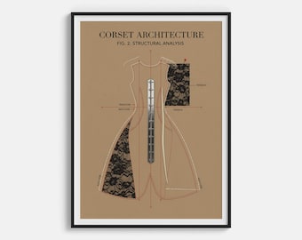Stampa artistica di corsetto in costruzione - Poster di gabbia di moda strutturale e disegno tecnico - Decorazione murale di moda steampunk per sala da cucito