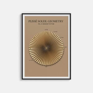 Peut inclure: Une affiche encadrée avec le texte "PLISSÉ SOLEIL GEOMETRY" et "FIG. 4: RADIANT RYTHM". L'œuvre d'art présente un motif doré en forme de soleil sur un fond beige. L'impression est encadrée dans un cadre noir.