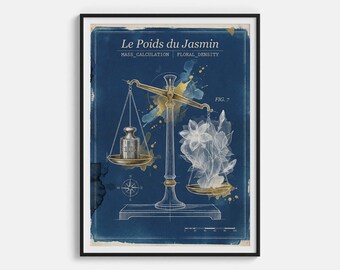 Poster artistico "Il peso del gelsomino" - Bilancia floreale e stampa con peso di petali di gelsomino - Decorazione murale delicata per profumeria e scienza botanica