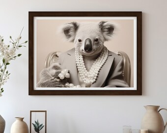 Koala mit Perlenkette – schicke Wandkunst, modernes Poster, digitaler Kunstdruck im Modefoto-Stil für trendige Wanddekoration