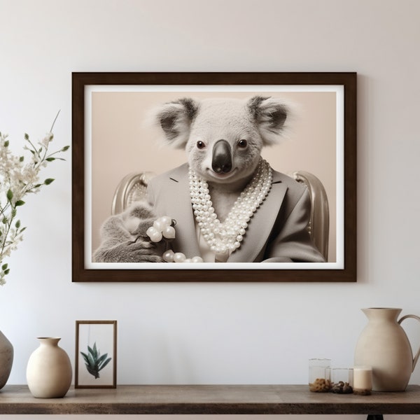 Koala with Pearl Necklace - Chic Wall Art Print, Modern Poster, Digital Art Photo in Fashion Photography Style for Trendy Wall Decoration