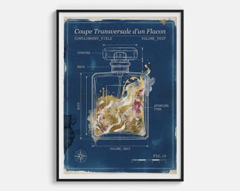 Sezione trasversale di una bottiglia d'arte - Tempesta di profumo all'interno della bottiglia e stampa in sezione trasversale - Decorazione murale di design di fragranze di lusso Arte tecnica