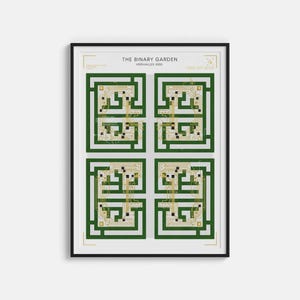 May include: Framed art print featuring a geometric design in green, gold, and black. The artwork, titled "The Binary Garden Versailles 3000," showcases a circuit board-inspired pattern within a black frame, suitable for modern decor.