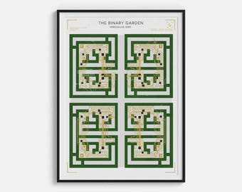 Stampa The Binary Garden Versailles 3000 - Labirinto con circuito stampato dorato e poster del giardino reale - Decorazione murale con paesaggio futurista