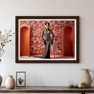 Penguin in High Fashion: Striped Dress Art Print - Atypical Magazine Style on Pink Background