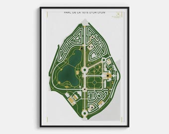 Stampa artistica Parc de la Tête d'Or Lyon - Labirinto botanico e poster con mappa della città organica - Decorazione murale con vegetazione urbana, souvenir della città di Lione