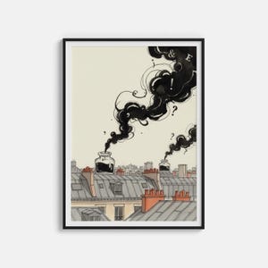 Peut inclure: Impression d'art encadrée représentant des flacons d'encre émettant de la fumée noire au-dessus d'un paysage urbain. La fumée forme des signes de ponctuation et le symbole esperluette. Les toits sont gris avec des cheminées rouges, sur fond crème.