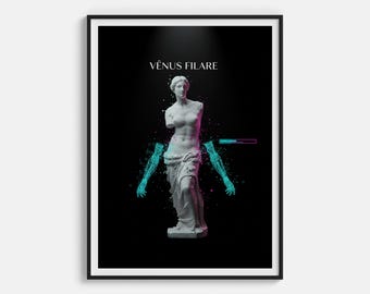 Venus statue art print with neon digital glitch arms, vaporwave aesthetic wall decor