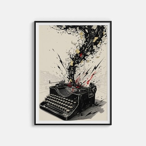 Peut inclure: Une affiche encadrée représentant une machine à écrire noire vintage. De l'encre noire et des lettres jaillissent de la machine à écrire, avec un paysage urbain en arrière-plan. L'œuvre a un style vintage et artistique.
