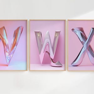 Affiches artistiques des lettres V, W et X, où chaque lettre prend la forme d’un talon sculptural. Des textures réfléchissantes et des couleurs vibrantes créent une atmosphère luxueuse et dynamique, parfaite pour une déco inspirée du monde de la mode.