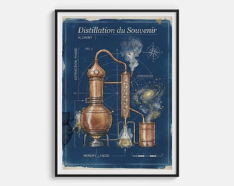 Stampa Distillazione della Memoria - Macchina Alembic della Memoria e Poster del Profumo Nostalgia - Decorazione da Parete del Laboratorio di Profumi Steampunk Arte Emotiva